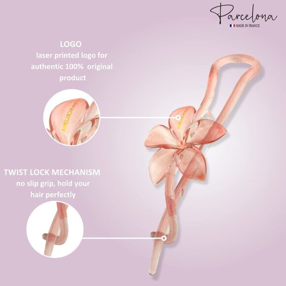 French Hair Clips Set of 3 Crystal Pink Celluloid Bow Flower Chain Non Slip